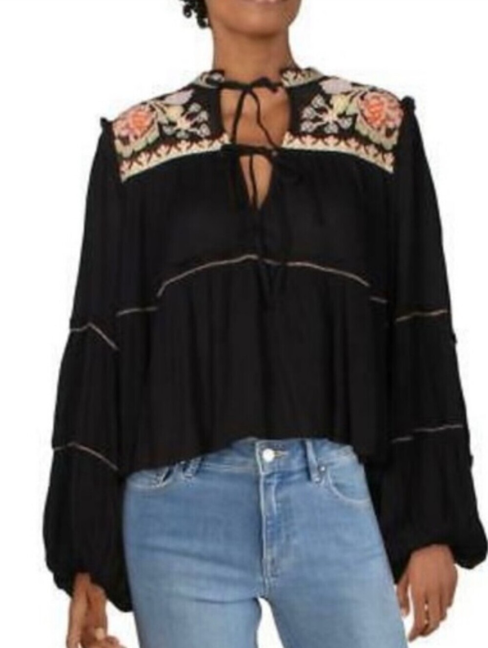 Free PeopleBoho Embroidered Peasant Top - Black